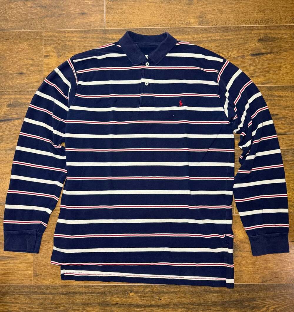 Polo Ralph Lauren Men's Navy Blue Red and White Striped Long Sleeve Polo Shirt